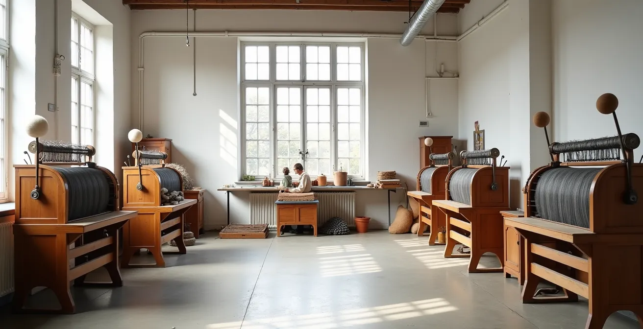 Vue large d'un atelier de maille française avec espace de travail épuré