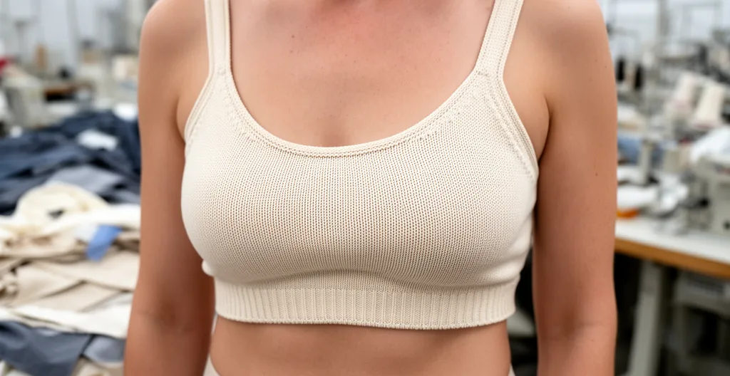 Détail d'une brassière en maille coton montrant le tombé ajusté du tricot artisanal